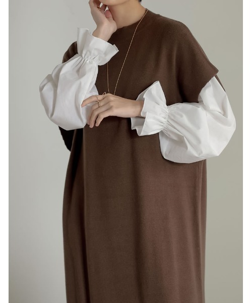 Re:EDIT（リエディ）の「[新色追加][低身長サイズ有][2点セット]ブロードシャツ×ドロップショルダーロングニットワンピース（ワンピース・レディース・ブラック/ブラウン/チャコールグレー・MEDIUM/LARGE/SHORT）」の8枚目の写真