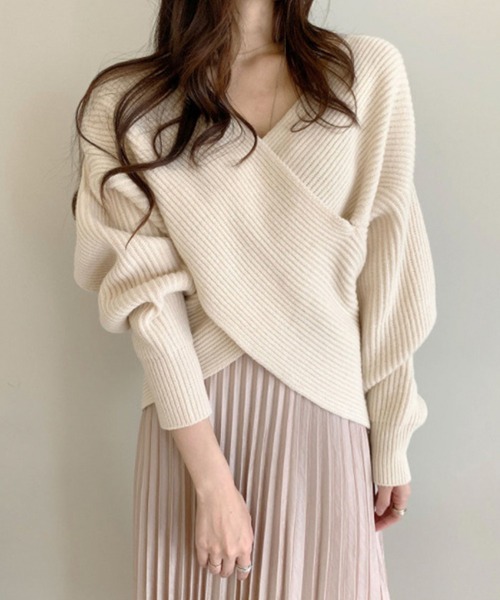 Leja(レジャ)の「【LEJA】カシュクールニット Vネック プルオーバー(ニット/セーター・レディース・ブラック/ベージュ/グレー/カーキ・FREE)」の4枚目の写真