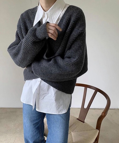 Leja(レジャ)の「【LEJA】カシュクールニット Vネック プルオーバー(ニット/セーター・レディース・ブラック/ベージュ/グレー/カーキ・FREE)」の3枚目の写真