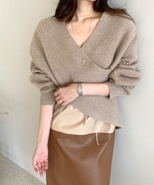 Leja(レジャ)の「【LEJA】カシュクールニット Vネック プルオーバー(ニット/セーター・レディース・ブラック/ベージュ/グレー/カーキ・FREE)」の1枚目の写真