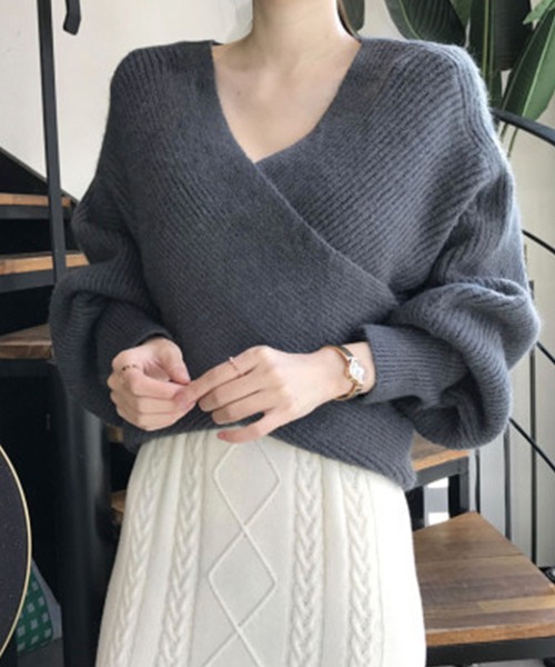 Leja(レジャ)の「【LEJA】カシュクールニット Vネック プルオーバー(ニット/セーター・レディース・ブラック/ベージュ/グレー/カーキ・FREE)」の16枚目の写真