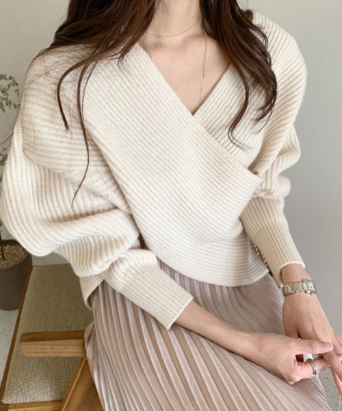Leja(レジャ)の「【LEJA】カシュクールニット Vネック プルオーバー(ニット/セーター・レディース・ブラック/ベージュ/グレー/カーキ・FREE)」の10枚目の写真