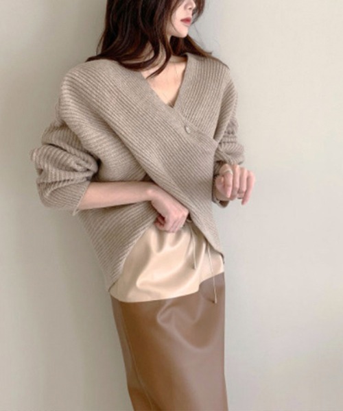 Leja(レジャ)の「【LEJA】カシュクールニット Vネック プルオーバー(ニット/セーター・レディース・ブラック/ベージュ/グレー/カーキ・FREE)」の18枚目の写真