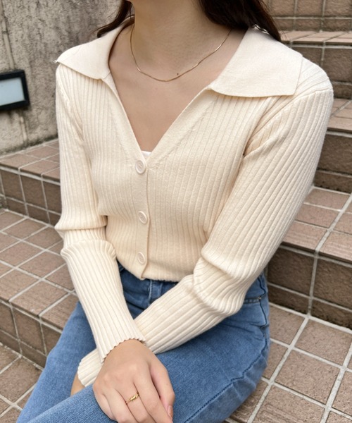 H.Warren(エイチウォーレン)の「襟付き細リブニットカーディガン(ニット/セーター・レディース・ブラック/アイボリー・FREE)」の10枚目の写真