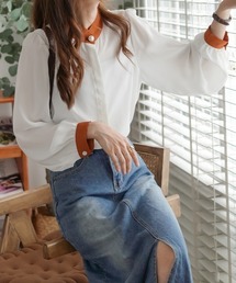 ボリュームスリーブ配色スタンドネックシャツ