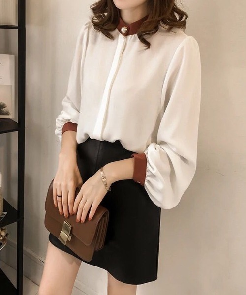 Diosfront（ディオスフロント）の「ボリュームスリーブ配色スタンドネックシャツ（シャツ/ブラウス・レディース・ホワイト/ネイビー・M/L）」の3枚目の写真