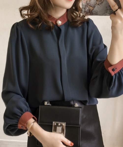 Diosfront（ディオスフロント）の「ボリュームスリーブ配色スタンドネックシャツ（シャツ/ブラウス・レディース・ホワイト/ネイビー・M/L）」の14枚目の写真