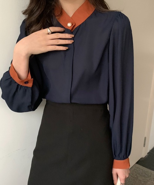 Diosfront（ディオスフロント）の「ボリュームスリーブ配色スタンドネックシャツ（シャツ/ブラウス・レディース・ホワイト/ネイビー・M/L）」の22枚目の写真