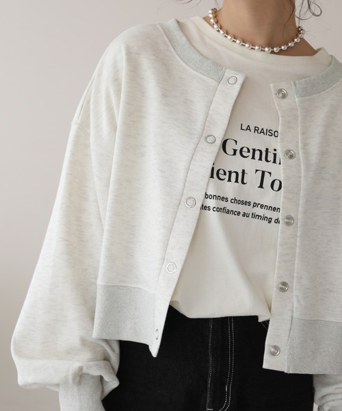 frames RAY CASSIN（フレームスレイカズン）の「WEB限定　前後２ＷＡＹ裏毛スナップボタンカーデ　セットアップ着用可（カーディガン/ボレロ・レディース・オレンジ/イエロー×グリーン/スミクロ/杢グレー・FREE）」の3枚目の写真