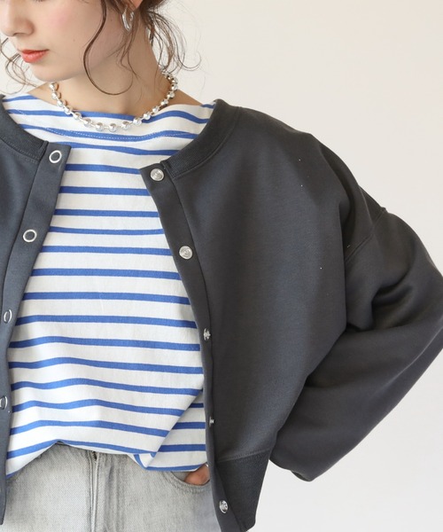 frames RAY CASSIN（フレームスレイカズン）の「WEB限定　前後２ＷＡＹ裏毛スナップボタンカーデ　セットアップ着用可（カーディガン/ボレロ・レディース・オレンジ/イエロー×グリーン/スミクロ/杢グレー・FREE）」の2枚目の写真