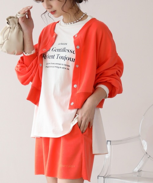 frames RAY CASSIN（フレームスレイカズン）の「WEB限定　前後２ＷＡＹ裏毛スナップボタンカーデ　セットアップ着用可（カーディガン/ボレロ・レディース・オレンジ/イエロー×グリーン/スミクロ/杢グレー・FREE）」の4枚目の写真