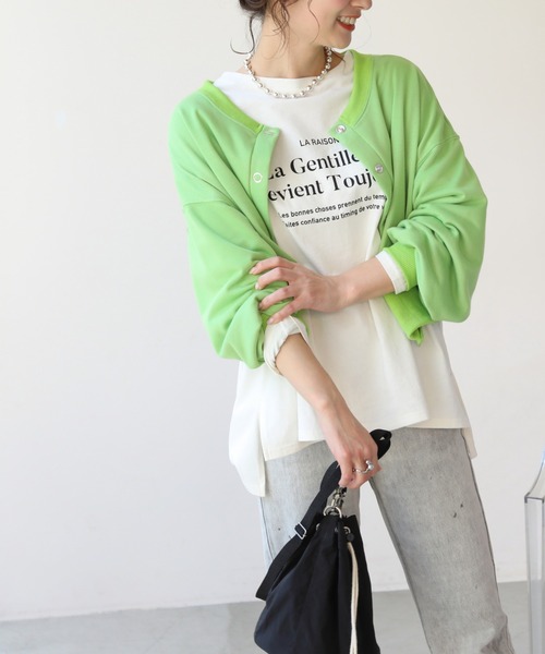 frames RAY CASSIN（フレームスレイカズン）の「WEB限定　前後２ＷＡＹ裏毛スナップボタンカーデ　セットアップ着用可（カーディガン/ボレロ・レディース・オレンジ/イエロー×グリーン/スミクロ/杢グレー・FREE）」の22枚目の写真