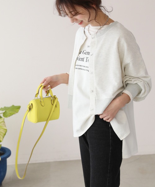 frames RAY CASSIN（フレームスレイカズン）の「WEB限定　前後２ＷＡＹ裏毛スナップボタンカーデ　セットアップ着用可（カーディガン/ボレロ・レディース・オレンジ/イエロー×グリーン/スミクロ/杢グレー・FREE）」の5枚目の写真