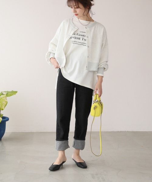 frames RAY CASSIN（フレームスレイカズン）の「WEB限定　前後２ＷＡＹ裏毛スナップボタンカーデ　セットアップ着用可（カーディガン/ボレロ・レディース・オレンジ/イエロー×グリーン/スミクロ/杢グレー・FREE）」の9枚目の写真