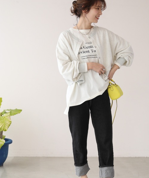 frames RAY CASSIN（フレームスレイカズン）の「WEB限定　前後２ＷＡＹ裏毛スナップボタンカーデ　セットアップ着用可（カーディガン/ボレロ・レディース・オレンジ/イエロー×グリーン/スミクロ/杢グレー・FREE）」の13枚目の写真