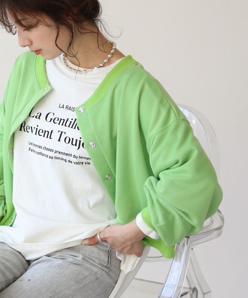 frames RAY CASSIN（フレームスレイカズン）の「WEB限定　前後２ＷＡＹ裏毛スナップボタンカーデ　セットアップ着用可（カーディガン/ボレロ・レディース・オレンジ/イエロー×グリーン/スミクロ/杢グレー・FREE）」の14枚目の写真