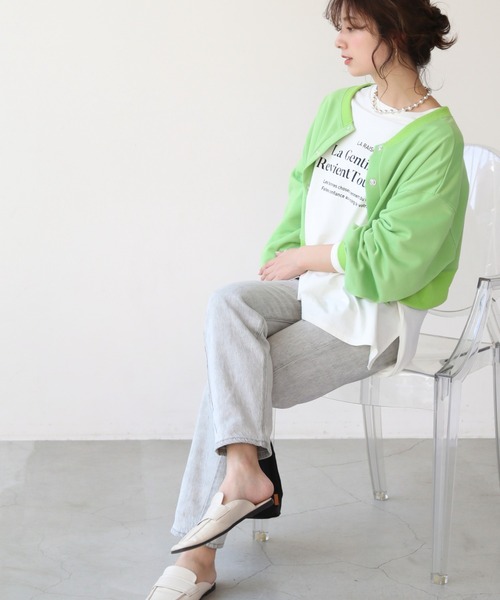 frames RAY CASSIN（フレームスレイカズン）の「WEB限定　前後２ＷＡＹ裏毛スナップボタンカーデ　セットアップ着用可（カーディガン/ボレロ・レディース・オレンジ/イエロー×グリーン/スミクロ/杢グレー・FREE）」の17枚目の写真