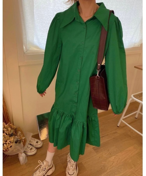 DAIS-Y(デイジー)の「パフスリーブワンピース(シャツワンピース・レディース・ブラック/グリーン・FREE)」の5枚目の写真