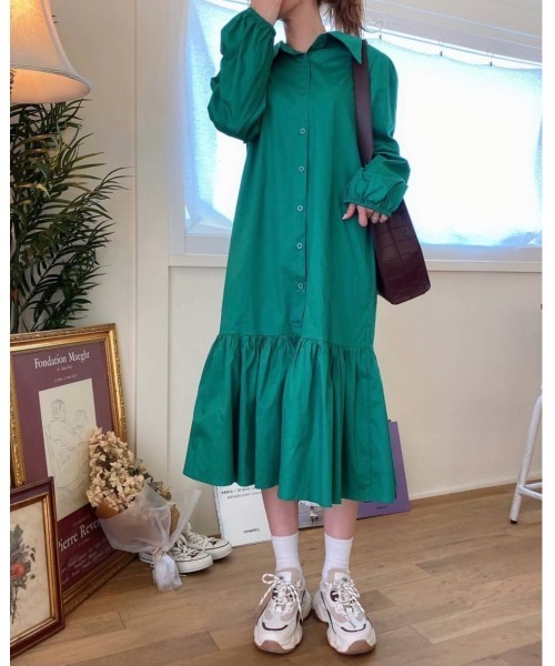 DAIS-Y(デイジー)の「パフスリーブワンピース(シャツワンピース・レディース・ブラック/グリーン・FREE)」の8枚目の写真