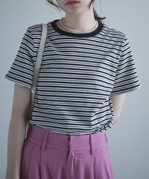 spoon store(スプーンストア)の「マルチボーダーTシャツ(Tシャツ/カットソー・レディース・ブラック/ピンク/ブルー・フリー)」の1枚目の写真