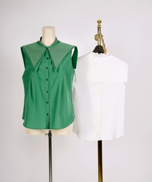 BDONNA（ビドンナ）の「フィブリルブロード　付け衿付きノースリーブブラウス（シャツ/ブラウス・レディース・ホワイト/グリーン・MEDIUM）」の6枚目の写真