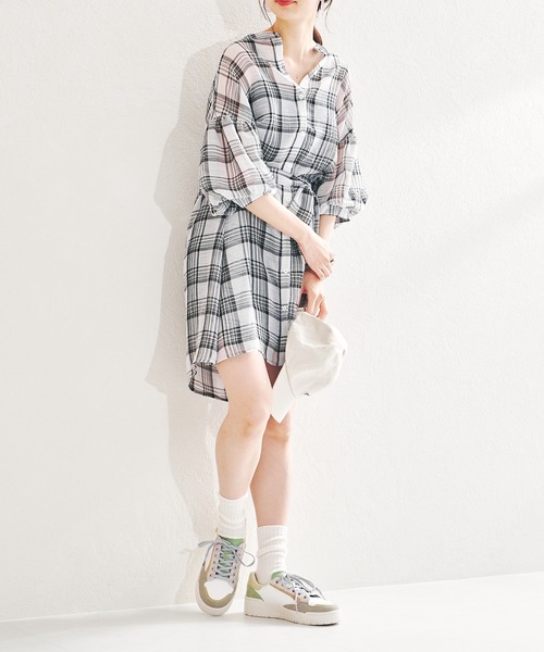 acro（アクロ）の「パフスリーブシアーチュニックワンピース/AC1411（ワンピース・レディース・ライトブルー/ブラック/ベージュ・ﾌﾘ-）」の9枚目の写真