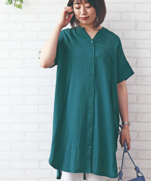 BELLUNA PLUS(ベルーナ)の「麻調スラブ素材袖切替デザインワンピース(ワンピース・レディース・ネイビー/カーキ/ターコイズブルー/オレンジ・MEDIUM/LARGE/X-LARGE)」の1枚目の写真