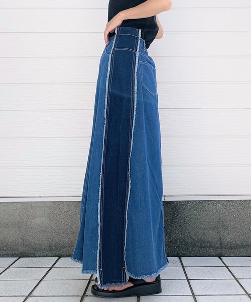 Q（キュー）の「切替デニムスカート（デニムスカート・レディース・インディゴブルー・MEDIUM）」の3枚目の写真