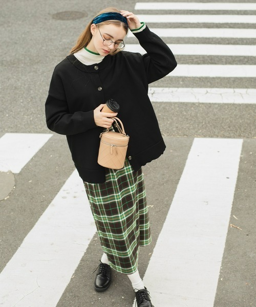 BONLECILL（ボンルシール）の「ベルトデザインチェックスカート（スカート・レディース・ブルー/ベージュ/グリーン/ネイビー/ブラウン/グレー・FREE）」の5枚目の写真