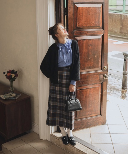 BONLECILL（ボンルシール）の「ベルトデザインチェックスカート（スカート・レディース・ブルー/ベージュ/グリーン/ネイビー/ブラウン/グレー・FREE）」の7枚目の写真