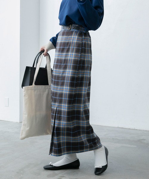 BONLECILL（ボンルシール）の「ベルトデザインチェックスカート（スカート・レディース・ブルー/ベージュ/グリーン/ネイビー/ブラウン/グレー・FREE）」の12枚目の写真