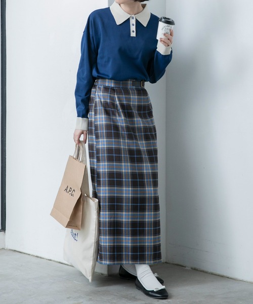 BONLECILL（ボンルシール）の「ベルトデザインチェックスカート（スカート・レディース・ブルー/ベージュ/グリーン/ネイビー/ブラウン/グレー・FREE）」の18枚目の写真