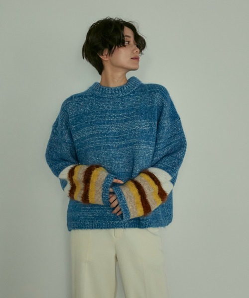 INED(イネド)の「《SUPERIOR CLOSET》異素材MIXニット(ニット/セーター・レディース・ブルー/ベージュ・9号)」の1枚目の写真