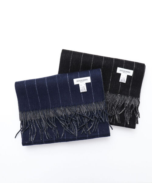 NOLLEY'S goodman（ノーリーズグッドマン）の「Wフェイスウールカシミヤストライプマフラー アラシャンカシミヤ混 30cm幅（マフラー・メンズ・ブラック×グレー/ネイビー・FREE）」の10枚目の写真