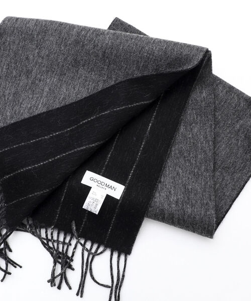 NOLLEY'S goodman（ノーリーズグッドマン）の「Wフェイスウールカシミヤストライプマフラー アラシャンカシミヤ混 30cm幅（マフラー・メンズ・ブラック×グレー/ネイビー・FREE）」の16枚目の写真