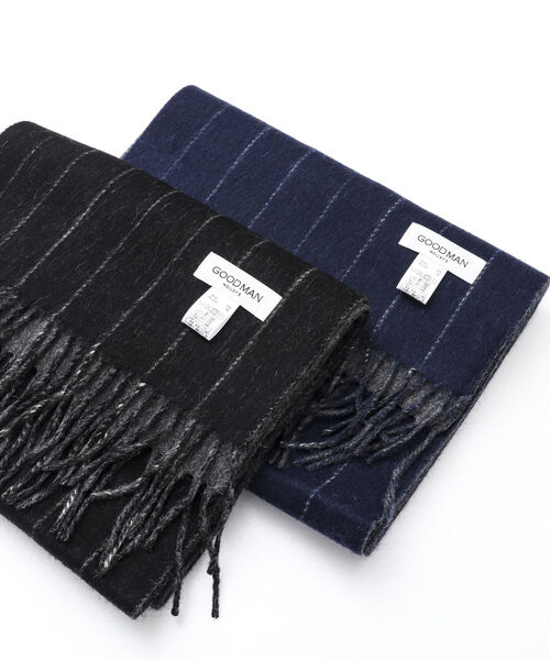 NOLLEY'S goodman（ノーリーズグッドマン）の「Wフェイスウールカシミヤストライプマフラー アラシャンカシミヤ混 30cm幅（マフラー・メンズ・ブラック×グレー/ネイビー・FREE）」の20枚目の写真