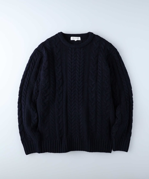 Right-on(ライトオン)の「ケーブル編みクルーニット(ニット/セーター・メンズ・オフホワイト/ダークグレー/ネイビー/グリーン/ワイン/イエロー・XL/M/L)」の1枚目の写真