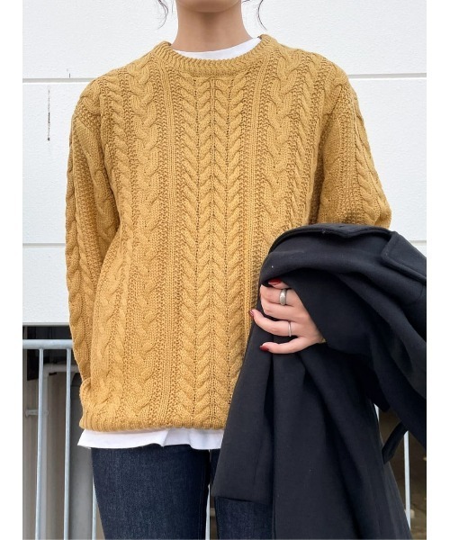 Right-on(ライトオン)の「ケーブル編みクルーニット(ニット/セーター・メンズ・オフホワイト/ダークグレー/ネイビー/グリーン/ワイン/イエロー・XL/M/L)」の5枚目の写真