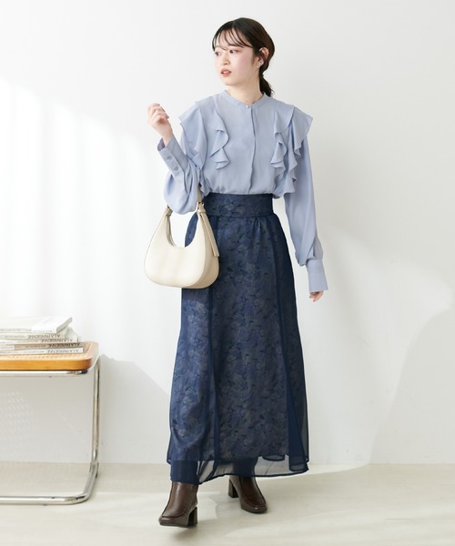 【WEB限定】osono長さ変えれるシアー重ねスカート　ブルー　ネイビー セール】2023SSアイテム/WEB限定/osono長さ変えれるシアー重ね
