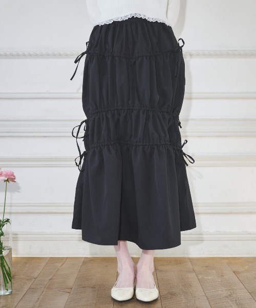 MIRO AMURETTE(ミロアミュレット)の「shirring gather skirt/ギャザースカート(スカート・レディース・ベージュ/ブラック・MEDIUM/SMALL)」の1枚目の写真