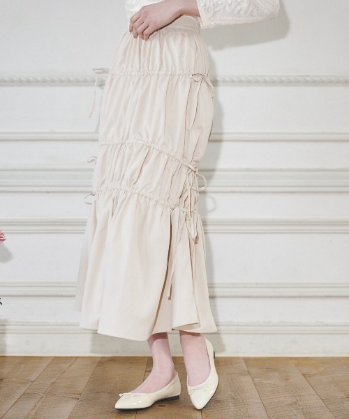 MIRO AMURETTE(ミロアミュレット)の「shirring gather skirt/ギャザースカート(スカート・レディース・ベージュ/ブラック・MEDIUM/SMALL)」の3枚目の写真