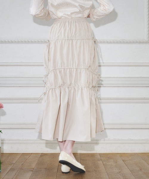 MIRO AMURETTE(ミロアミュレット)の「shirring gather skirt/ギャザースカート(スカート・レディース・ベージュ/ブラック・MEDIUM/SMALL)」の4枚目の写真
