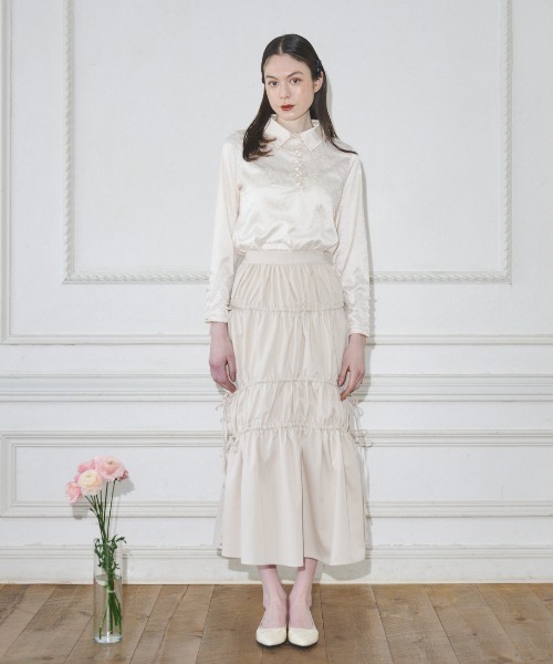 MIRO AMURETTE(ミロアミュレット)の「shirring gather skirt/ギャザースカート(スカート・レディース・ベージュ/ブラック・MEDIUM/SMALL)」の5枚目の写真