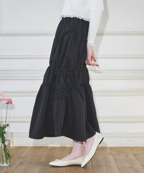MIRO AMURETTE(ミロアミュレット)の「shirring gather skirt/ギャザースカート(スカート・レディース・ベージュ/ブラック・MEDIUM/SMALL)」の8枚目の写真