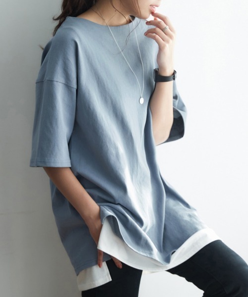 nissen（ニッセン）の「【販売終了】綿１００％バスクオーバーサイズ５分袖チュニック（Tシャツ/カットソー・レディース・ライトカーキ/グレイッシュベージュ/グレイッシュブルー/ブラック/オフホワイト・S～Ｍ/L～LL）」の5枚目の写真