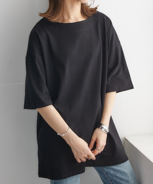 nissen（ニッセン）の「【販売終了】綿１００％バスクオーバーサイズ５分袖チュニック（Tシャツ/カットソー・レディース・ライトカーキ/グレイッシュベージュ/グレイッシュブルー/ブラック/オフホワイト・S～Ｍ/L～LL）」の10枚目の写真