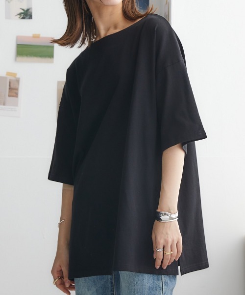 nissen（ニッセン）の「【販売終了】綿１００％バスクオーバーサイズ５分袖チュニック（Tシャツ/カットソー・レディース・ライトカーキ/グレイッシュベージュ/グレイッシュブルー/ブラック/オフホワイト・S～Ｍ/L～LL）」の8枚目の写真