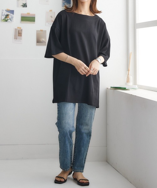 nissen（ニッセン）の「【販売終了】綿１００％バスクオーバーサイズ５分袖チュニック（Tシャツ/カットソー・レディース・ライトカーキ/グレイッシュベージュ/グレイッシュブルー/ブラック/オフホワイト・S～Ｍ/L～LL）」の16枚目の写真