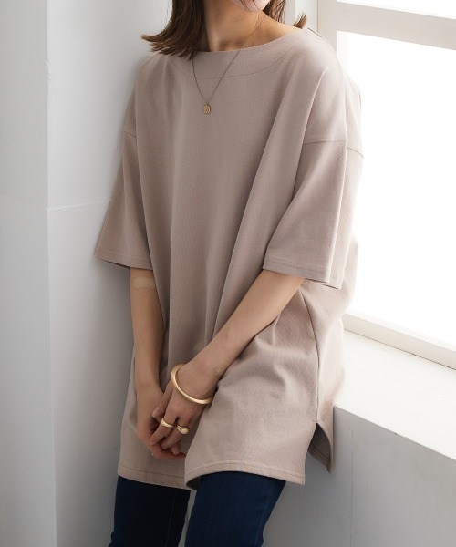nissen（ニッセン）の「【販売終了】綿１００％バスクオーバーサイズ５分袖チュニック（Tシャツ/カットソー・レディース・ライトカーキ/グレイッシュベージュ/グレイッシュブルー/ブラック/オフホワイト・S～Ｍ/L～LL）」の18枚目の写真