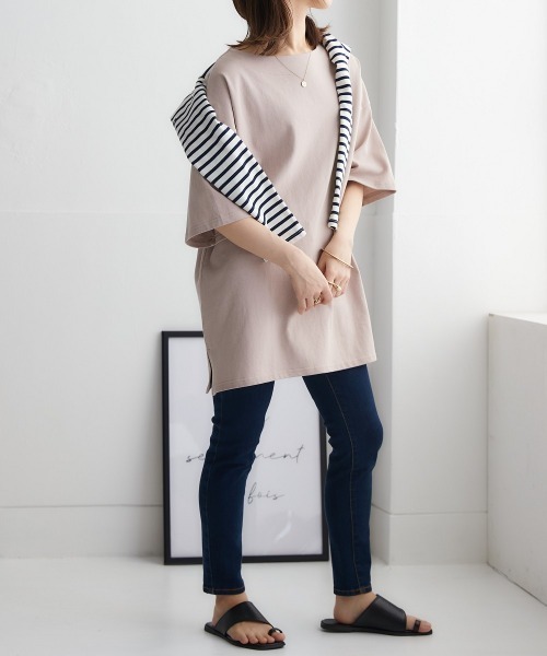 nissen（ニッセン）の「【販売終了】綿１００％バスクオーバーサイズ５分袖チュニック（Tシャツ/カットソー・レディース・ライトカーキ/グレイッシュベージュ/グレイッシュブルー/ブラック/オフホワイト・S～Ｍ/L～LL）」の20枚目の写真